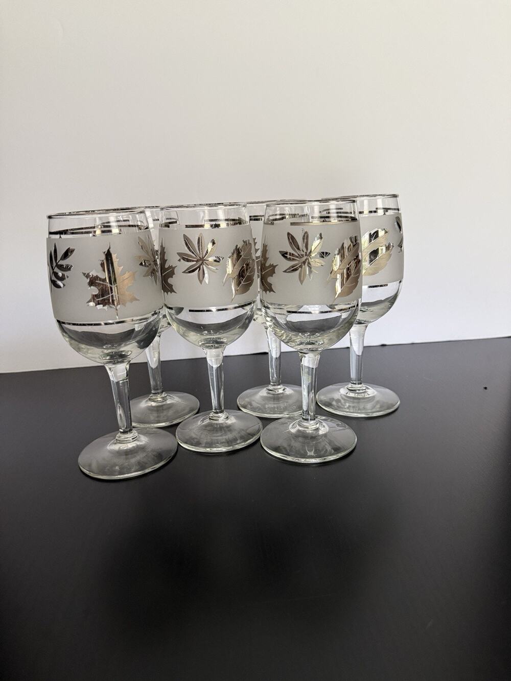 Set of 6 Glass Vintage SILVER LEAF Wine Glasses 6” Libbey MCM Thanksgiving